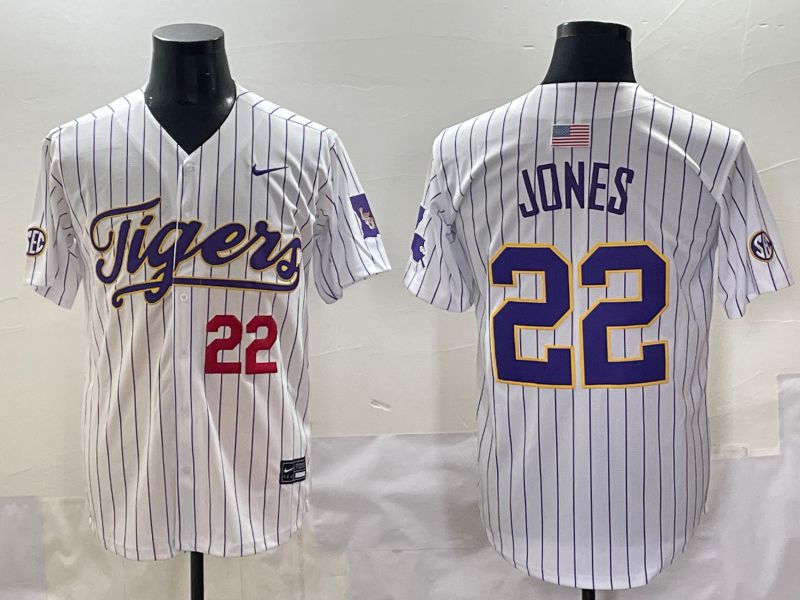 Men 2025 LSU Tigers #22 Jones White Stripe Nike Joint Name Nike NCAA Jersey style 4->ncaa teams->NCAA Jersey